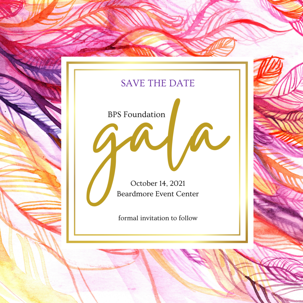 Pink, purple and gold invitation Save the Date graphic: BPS Gala, October 14, 2021 